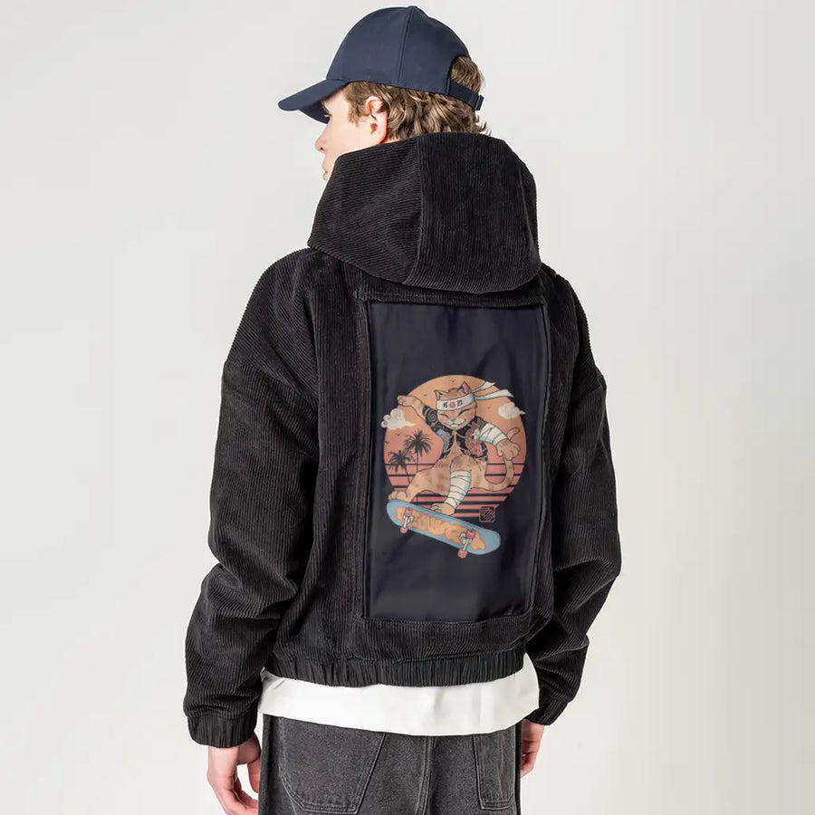 meowsterkoiskater patch on male retro cord hoodie in onyx