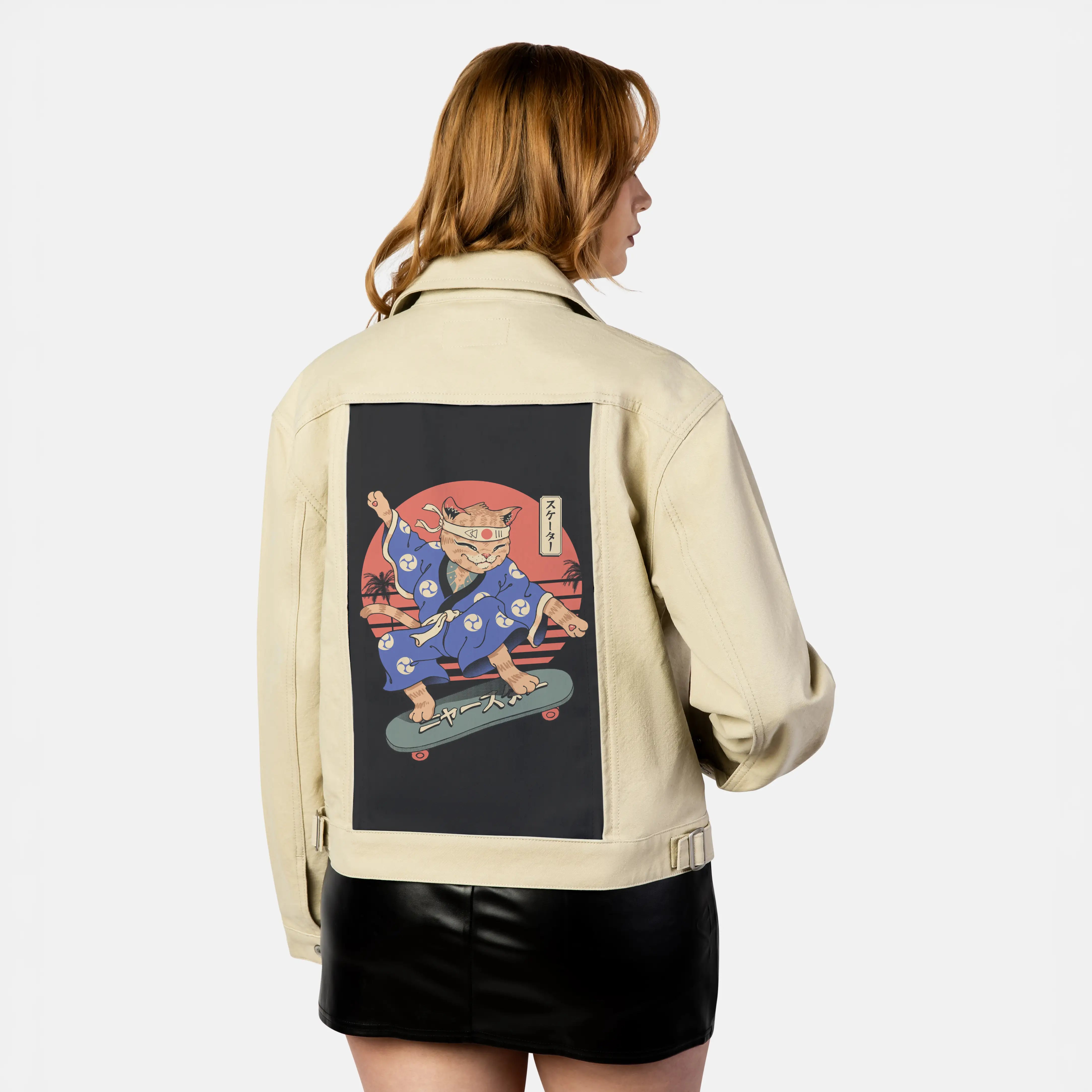 meowsterskater patch on female atelier canvas jacket in tan