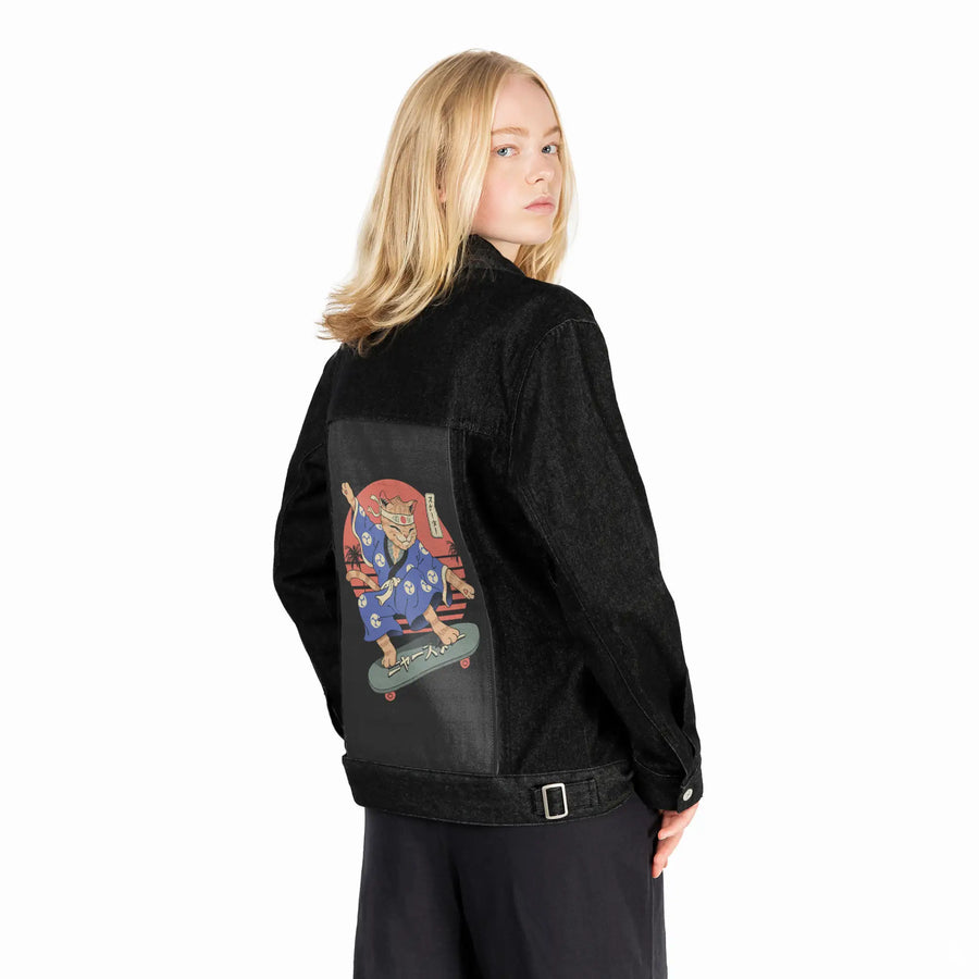 meowsterskater patch on female og denim jacket in raven