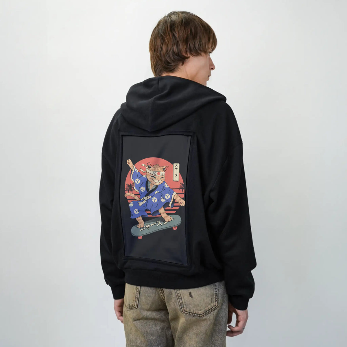 meowsterskater patch on male essential zip hoodie in after hours