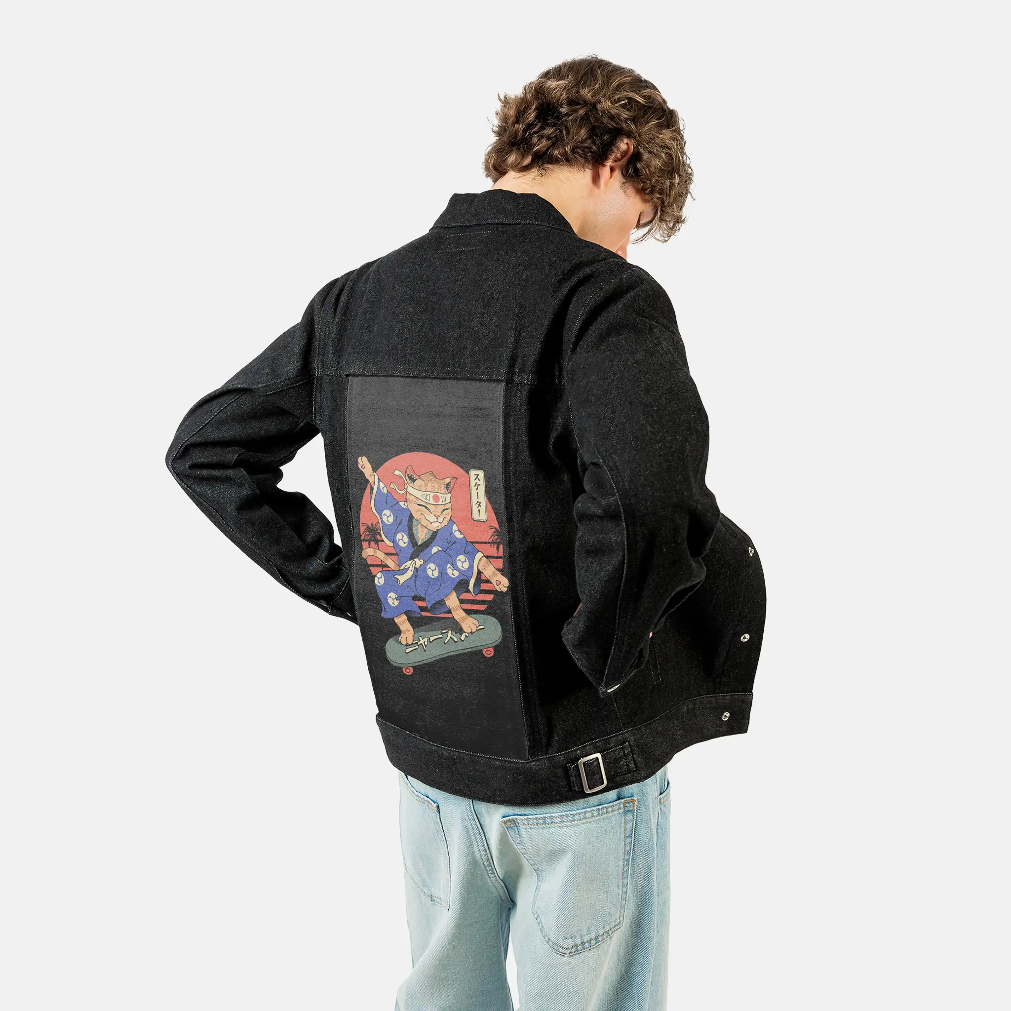 meowsterskater patch on male og denim jacket in raven