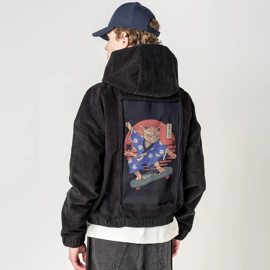 meowsterskater patch on male retro cord hoodie in onyx
