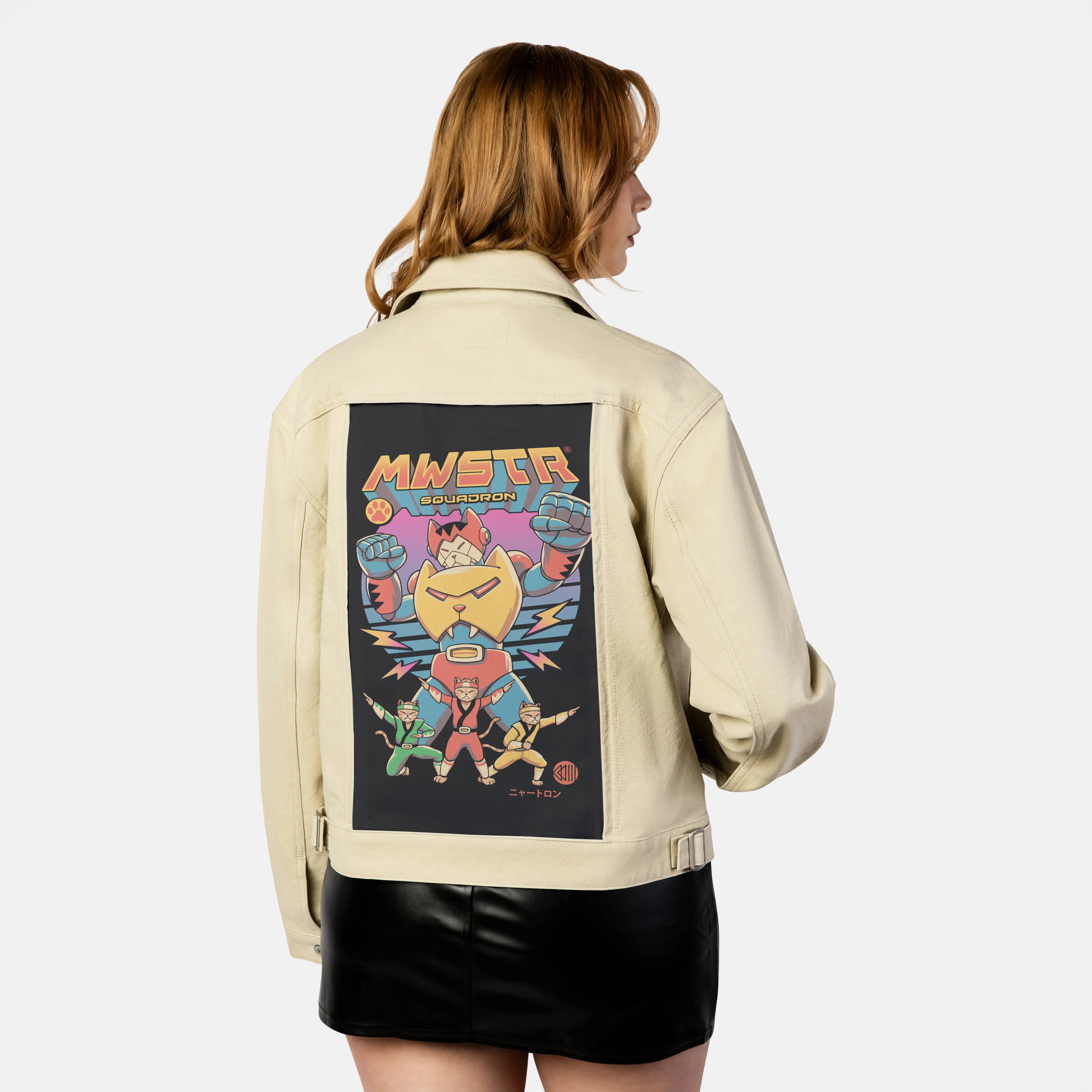 meowstersquadron patch on female atelier canvas jacket in tan