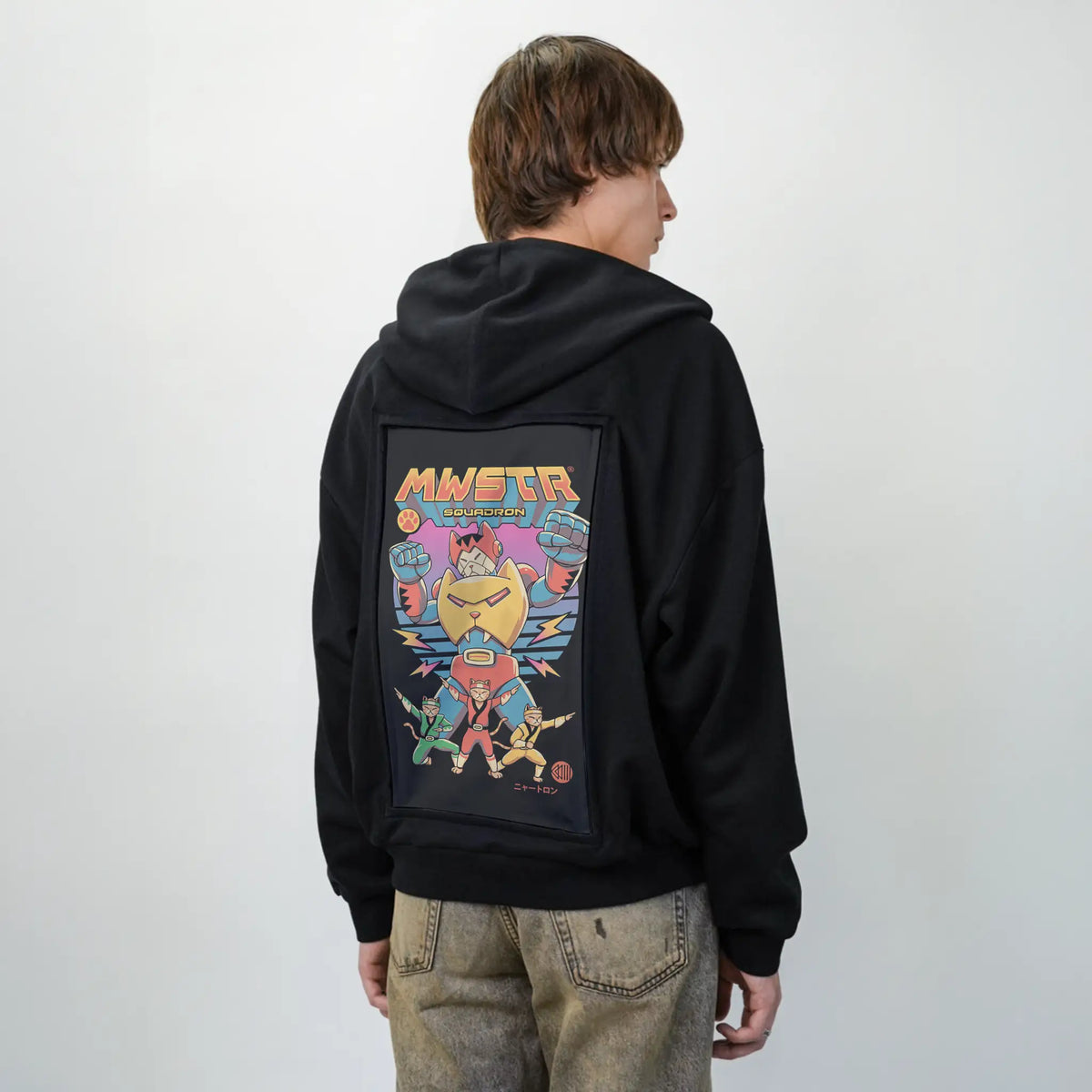 meowstersquadron patch on male essential zip hoodie in after hours