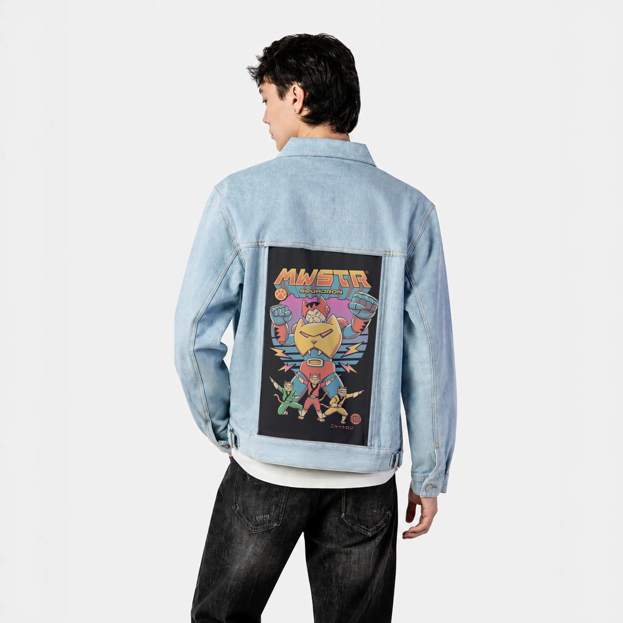 meowstersquadron patch on male og denim jacket in oceanside