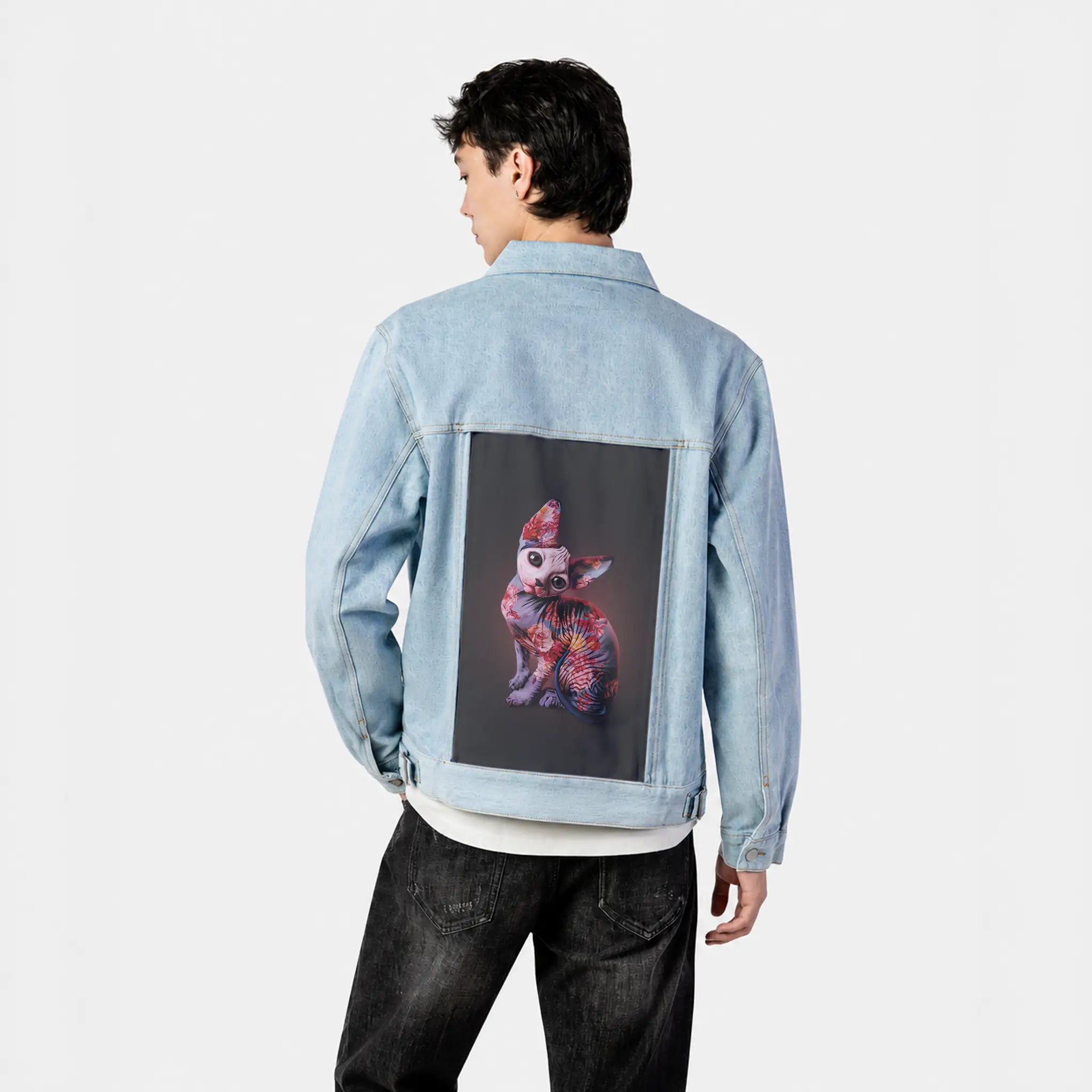 mephisto patch on male og denim jacket in oceanside