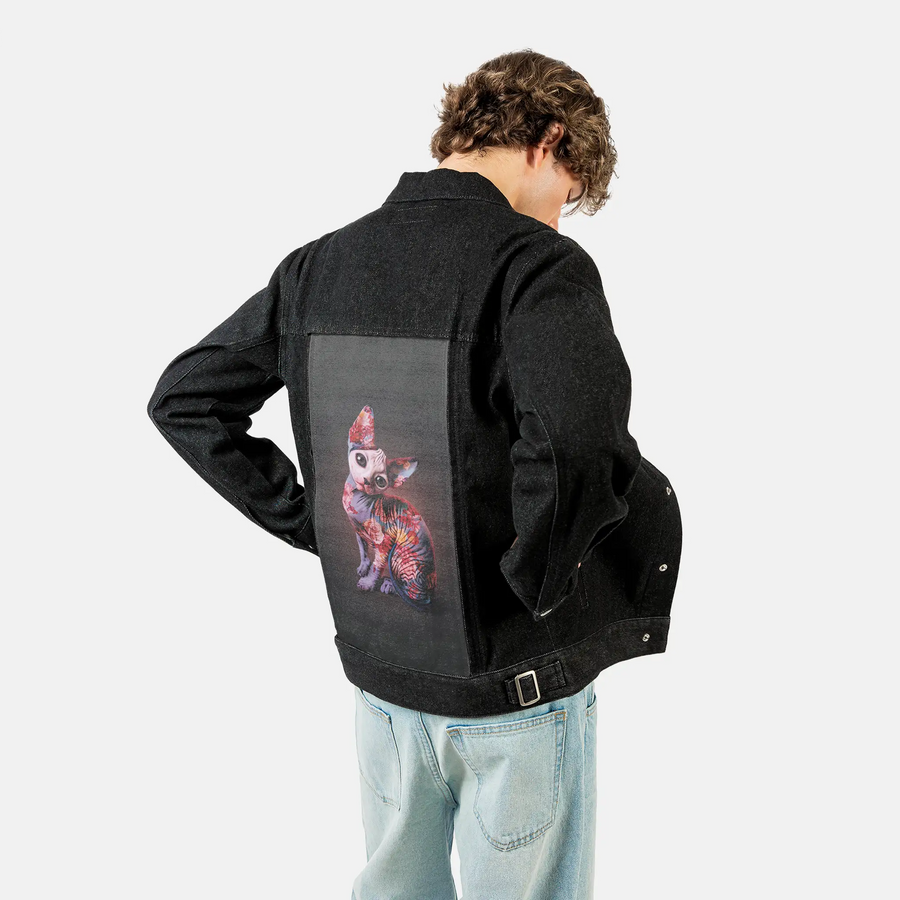 mephisto patch on male og denim jacket in raven