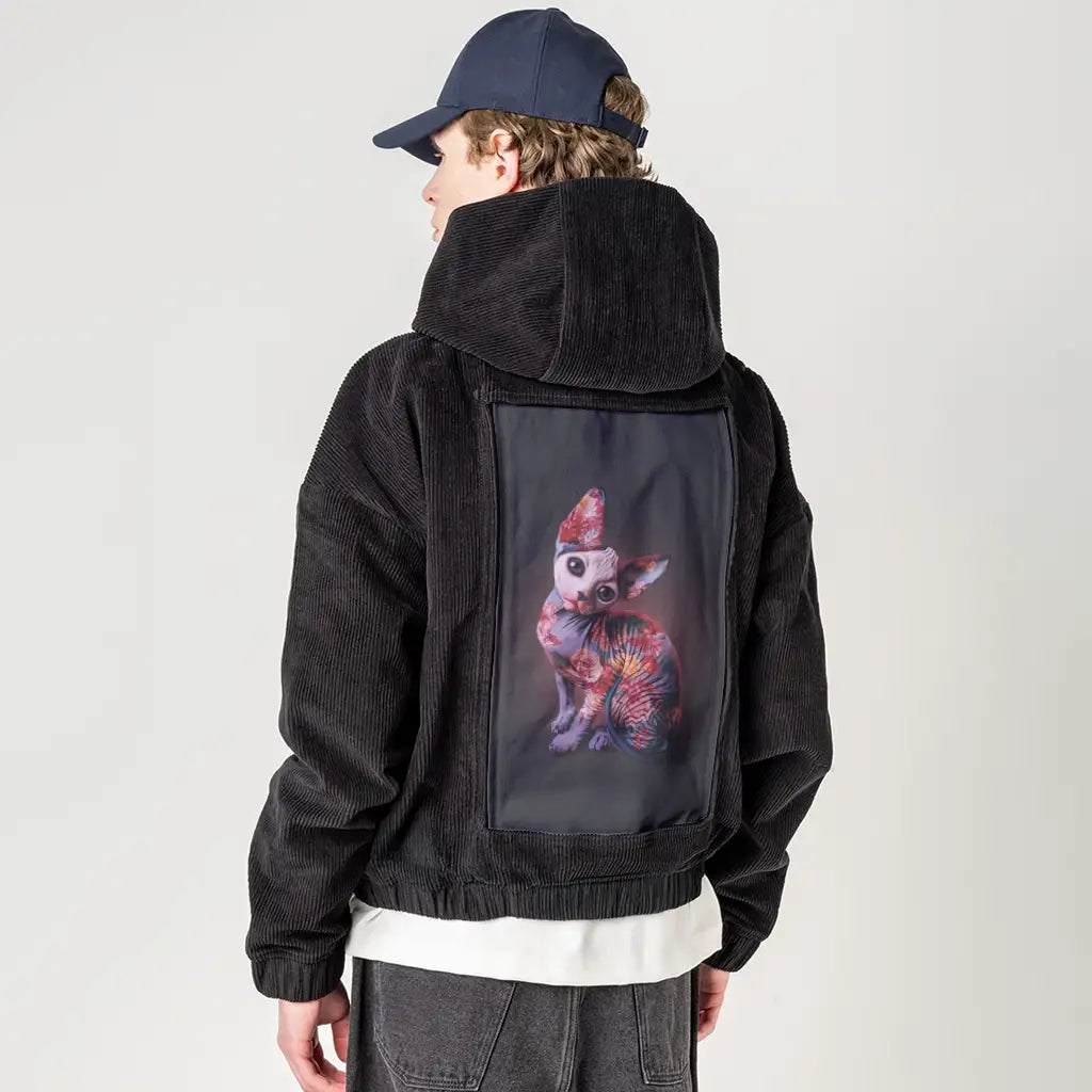 mephisto patch on male retro cord hoodie in onyx