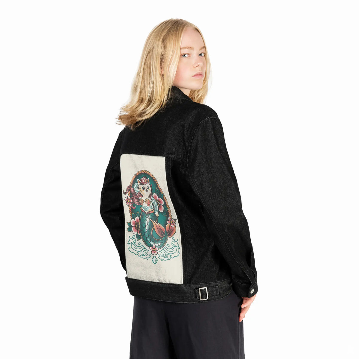 mercat patch on female og denim jacket in raven