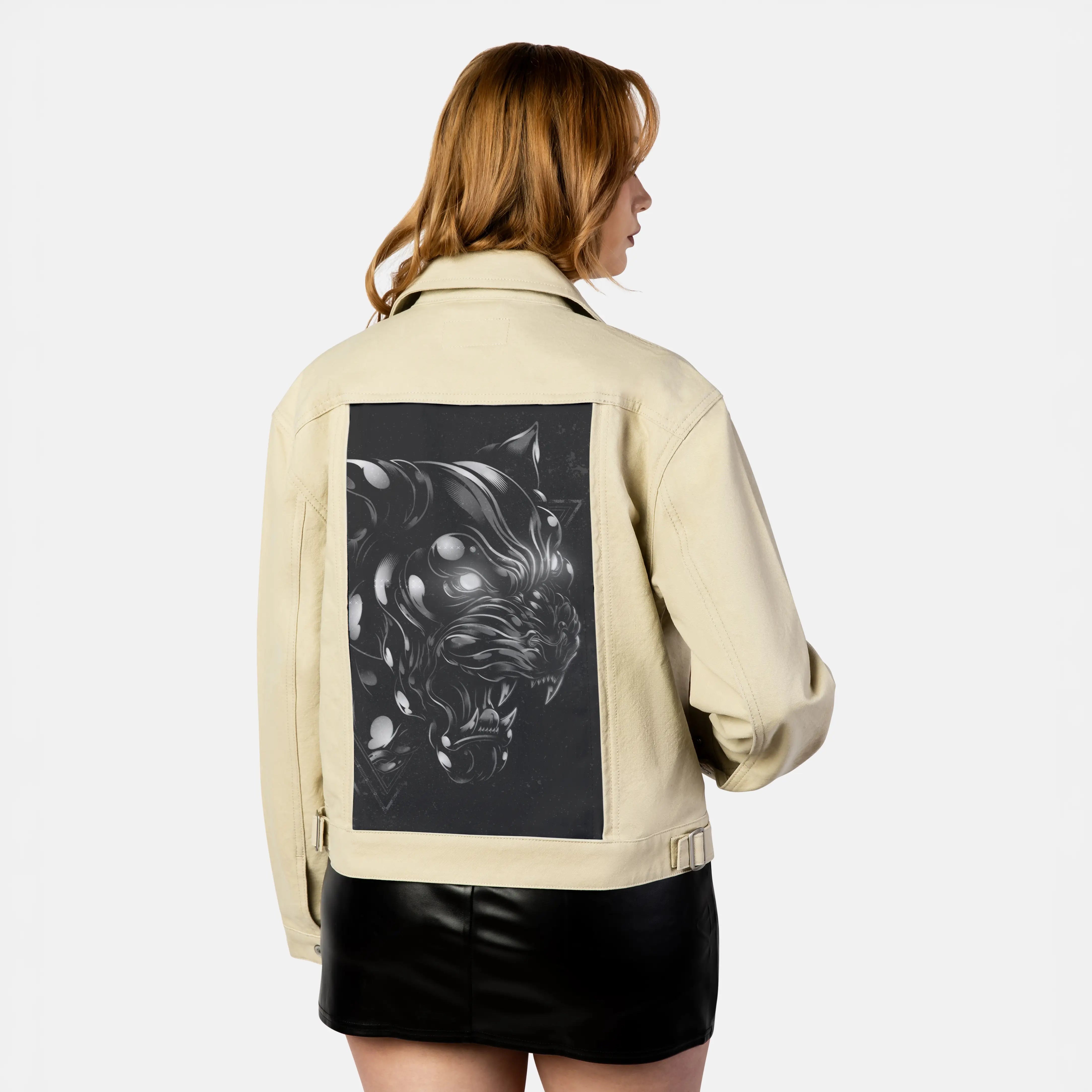 metalpanther patch on female atelier canvas jacket in tan