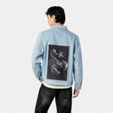 metalscorpion patch on male og denim jacket in oceanside