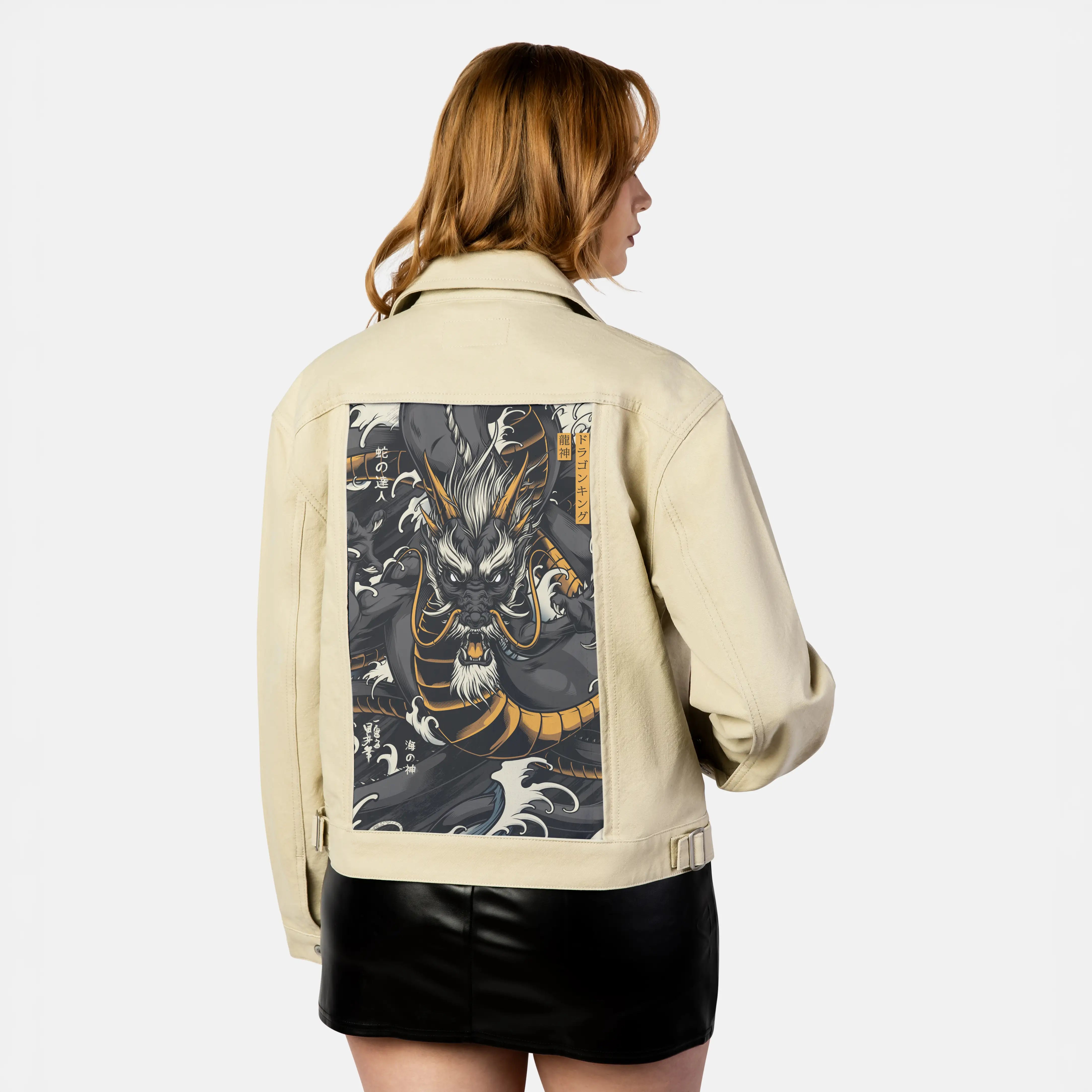 midnightryujin patch on female atelier canvas jacket in tan