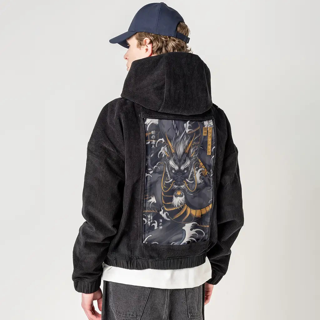 midnightryujin patch on male retro cord hoodie in onyx