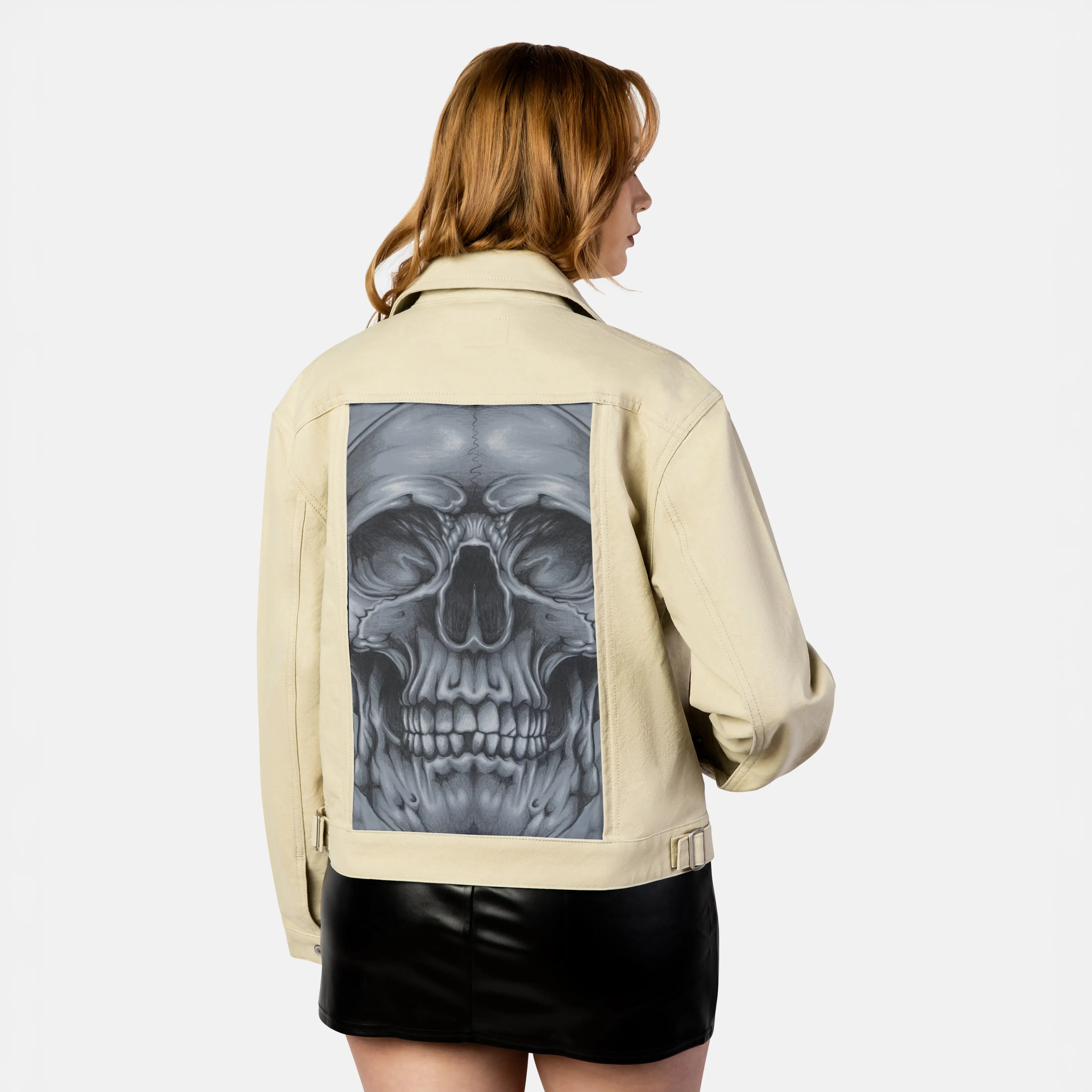 midnightsmile patch on female atelier canvas jacket in tan