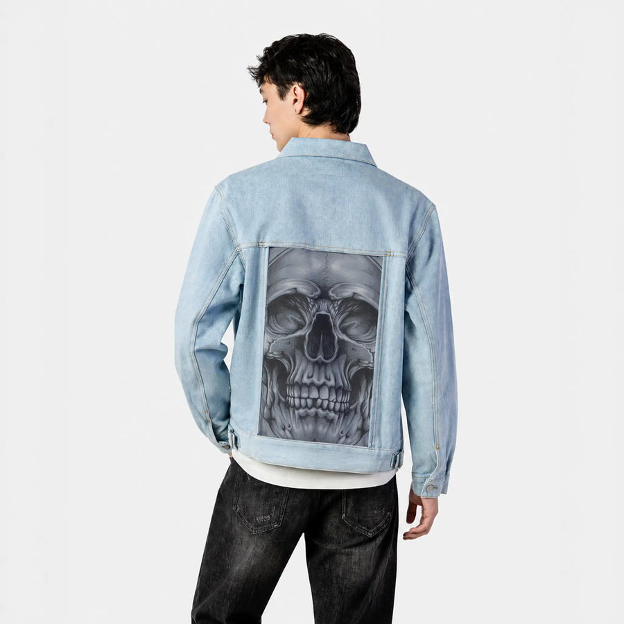 midnightsmile patch on male og denim jacket in oceanside