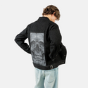 midnightsmile patch on male og denim jacket in raven