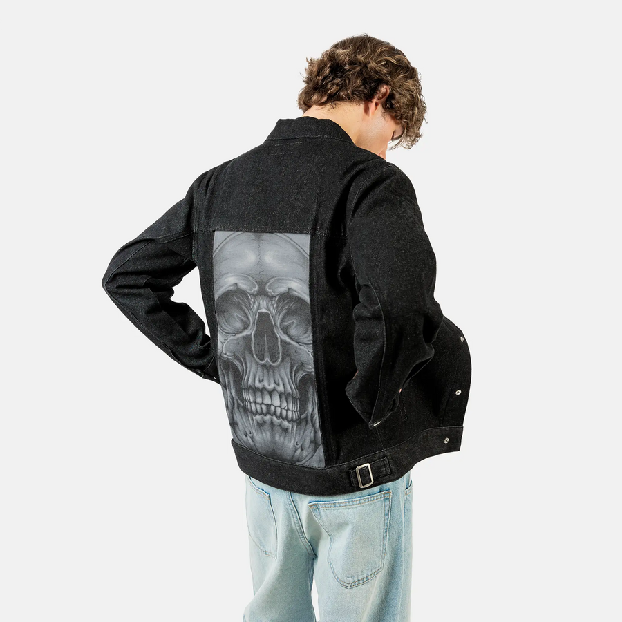 midnightsmile patch on male og denim jacket in raven