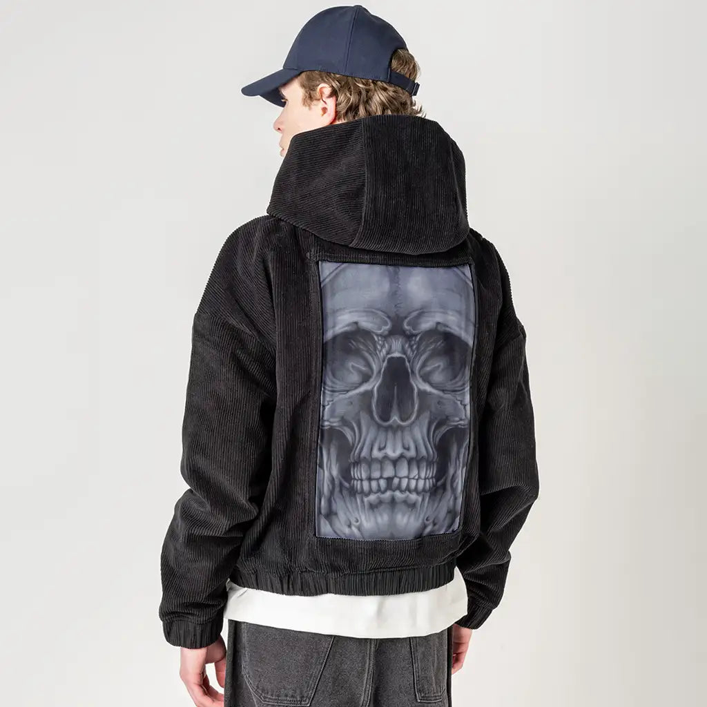 midnightsmile patch on male retro cord hoodie in onyx