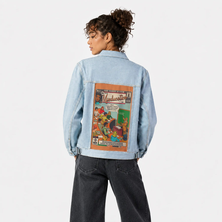 miseducation patch on female og denim jacket in oceanside