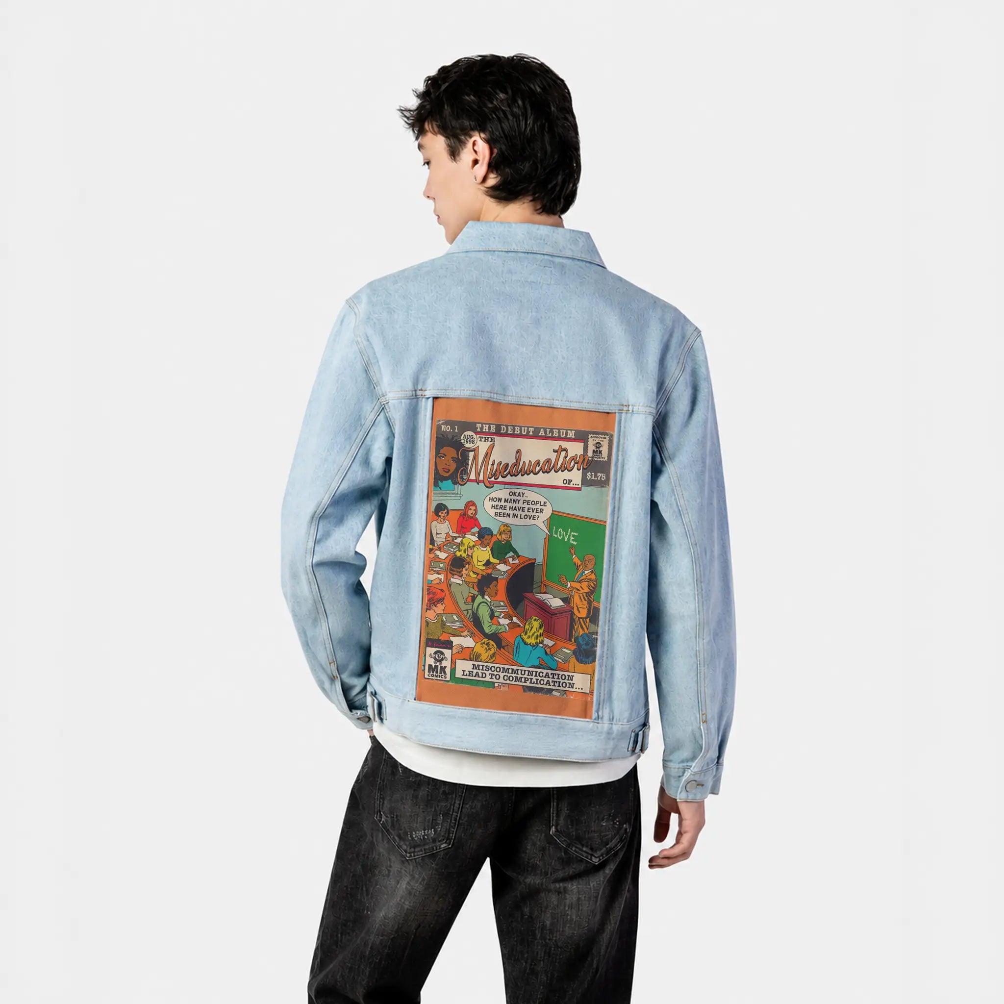 miseducation patch on male og denim jacket in oceanside