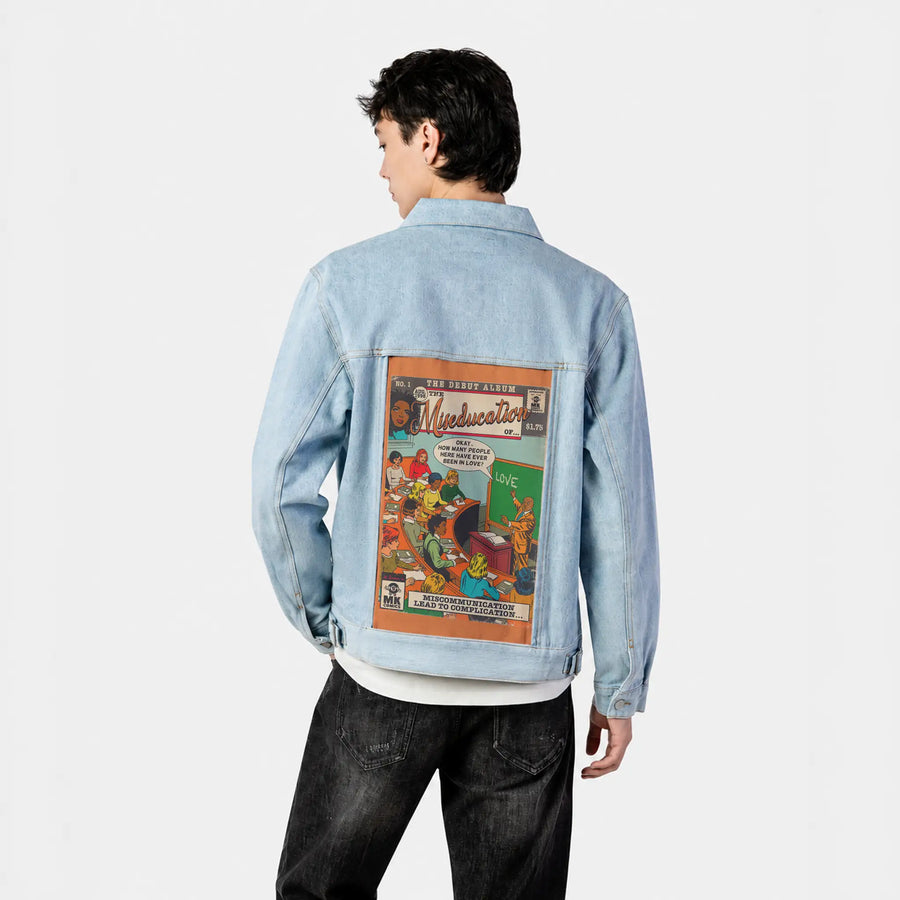 miseducation patch on male og denim jacket in oceanside