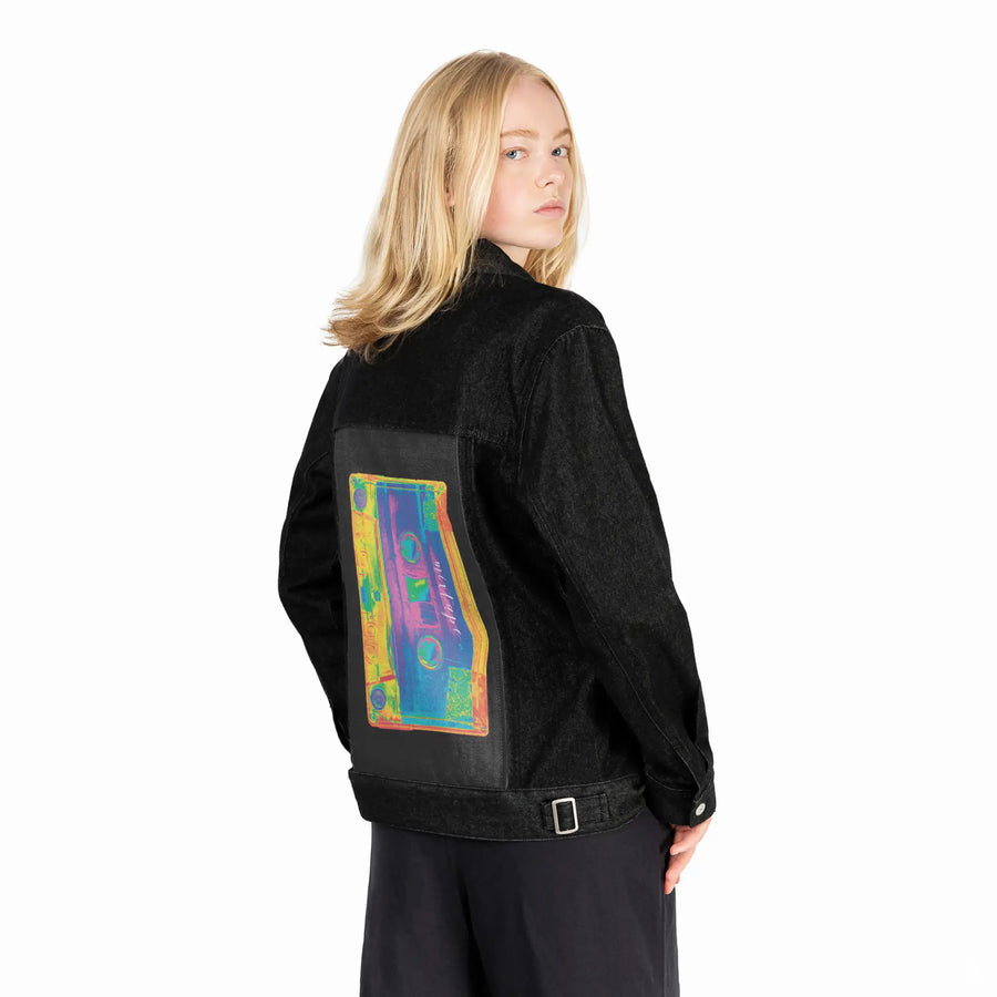 mixtapevertical patch on female og denim jacket in raven