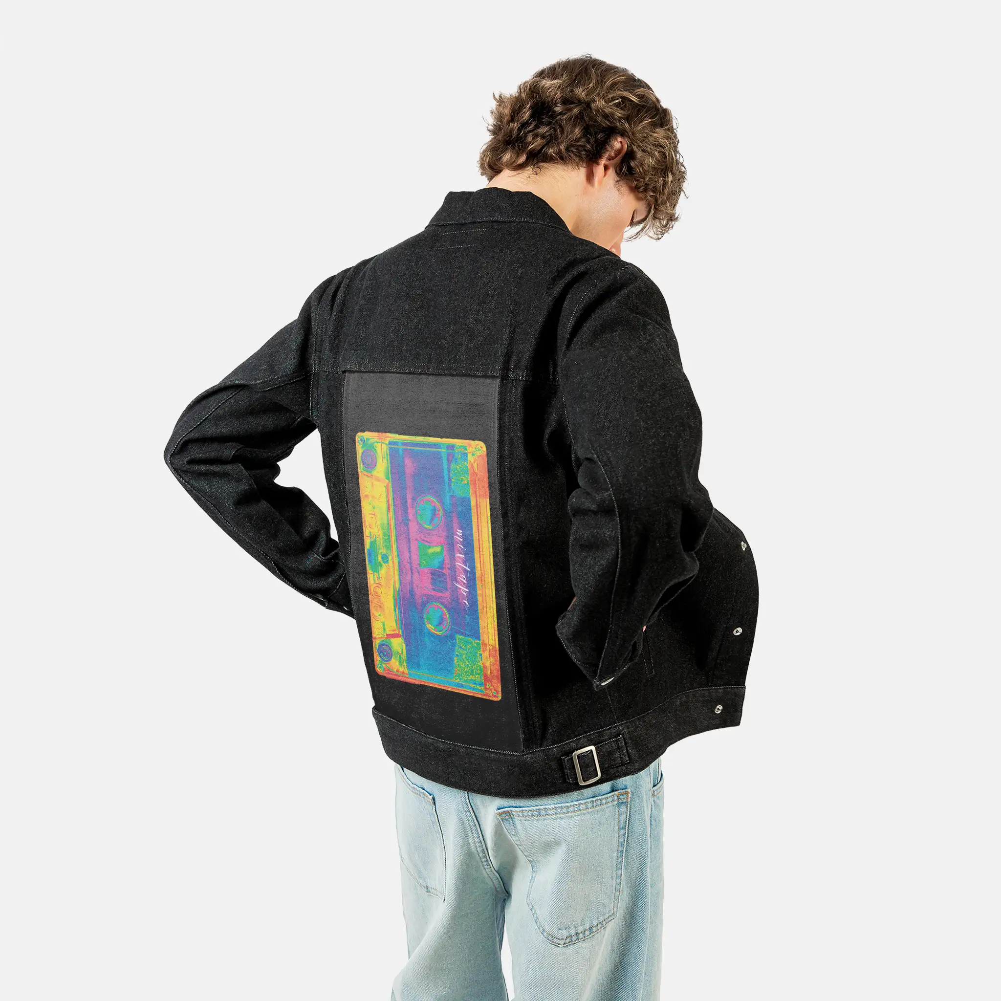 mixtapevertical patch on male og denim jacket in raven