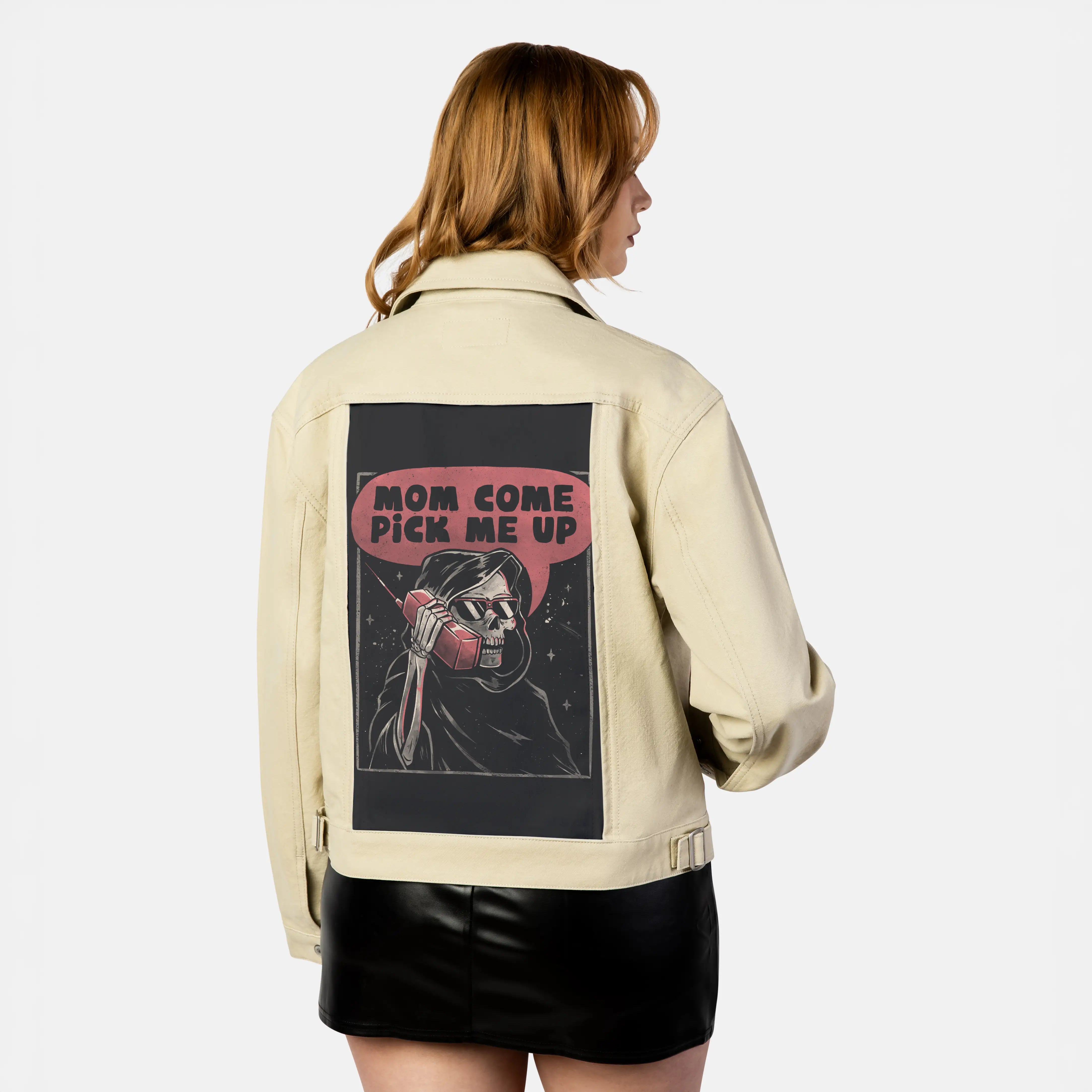 momcomepickmeup patch on female atelier canvas jacket in tan