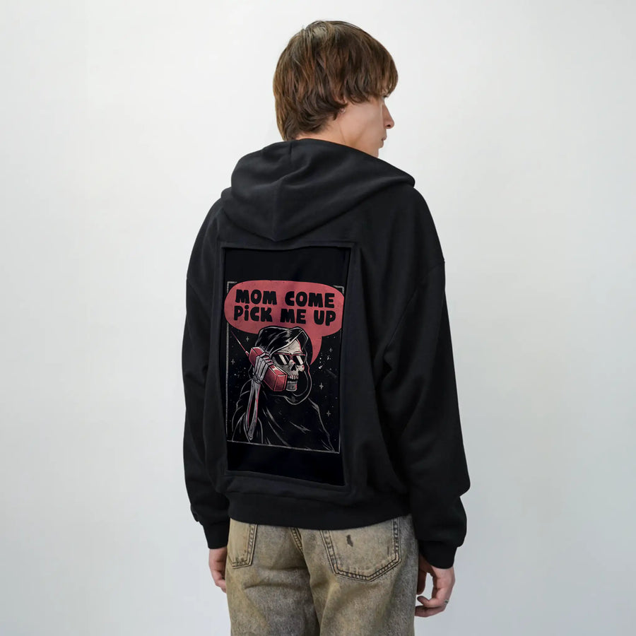 momcomepickmeup patch on male essential zip hoodie in after hours