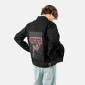 momcomepickmeup patch on male og denim jacket in raven