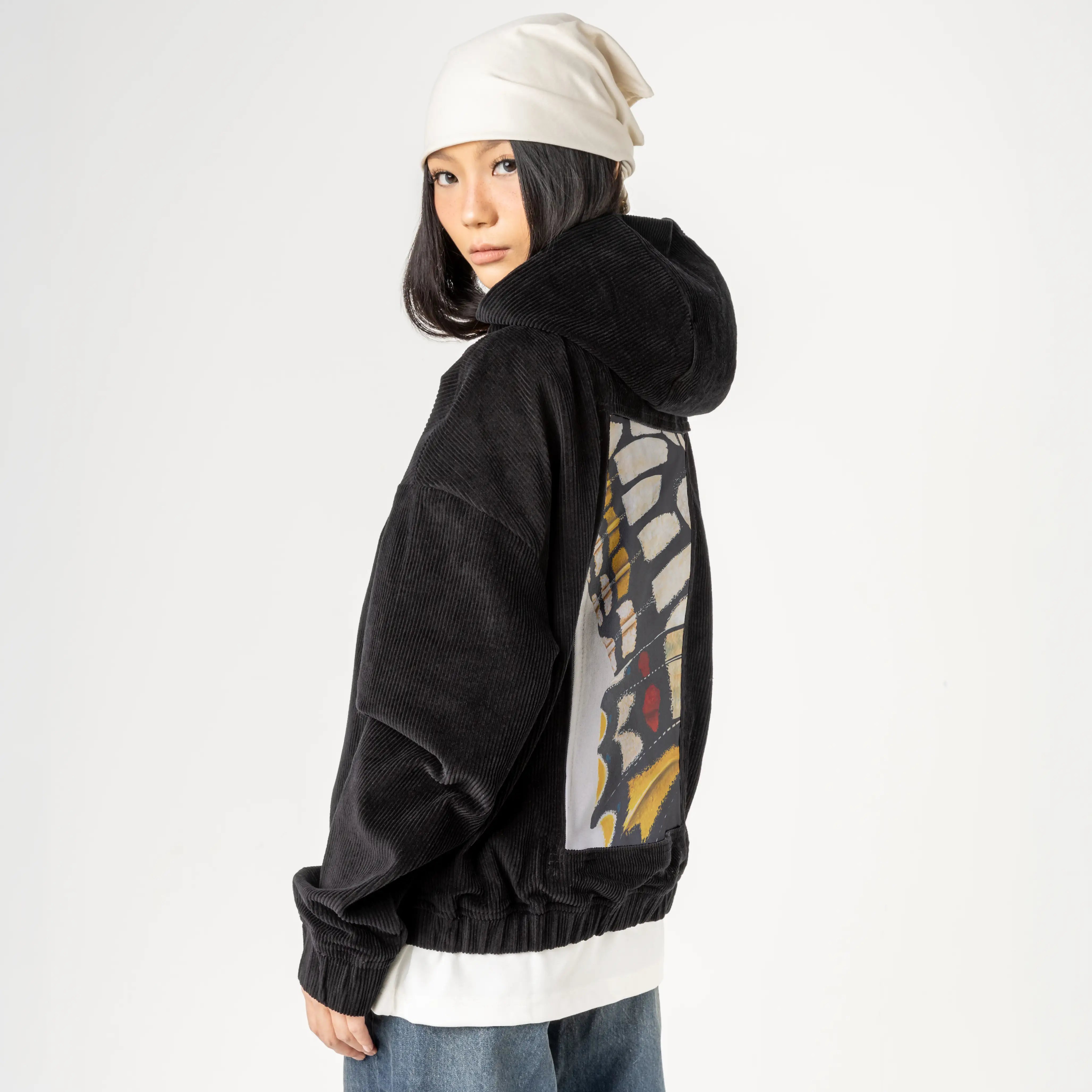 monarchfragment patch on female retro cord hoodie in onyx