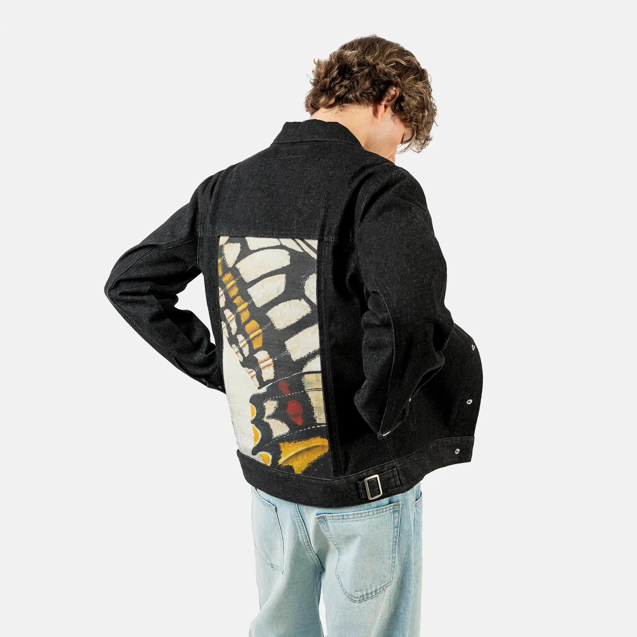 monarchfragment patch on male og denim jacket in raven