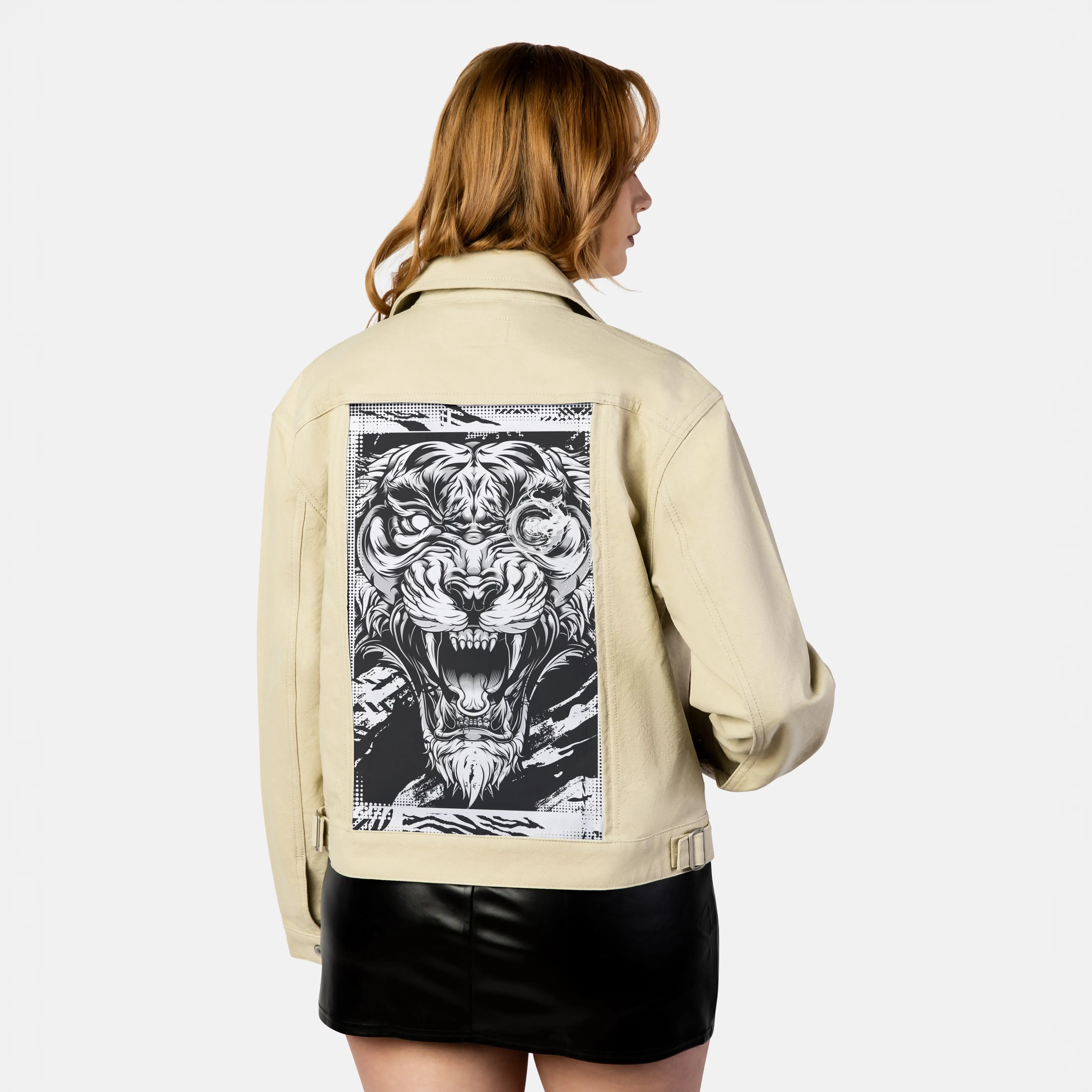 monochromebeast patch on female atelier canvas jacket in tan