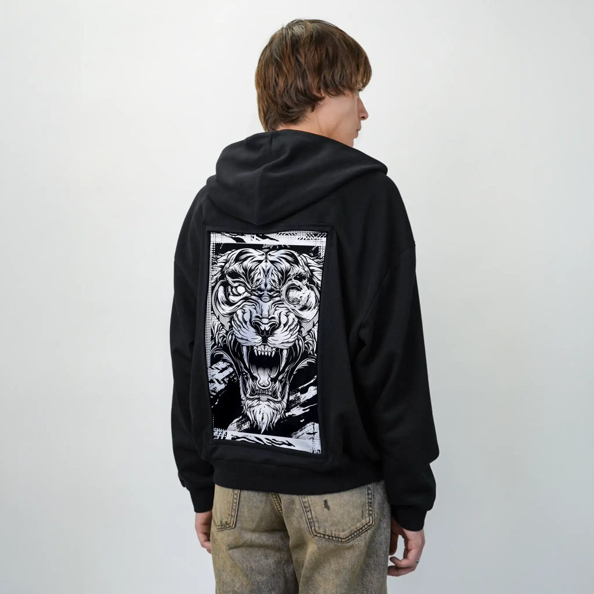 monochromebeast patch on male essential zip hoodie in after hours