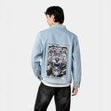 monochromebeast patch on male og denim jacket in oceanside