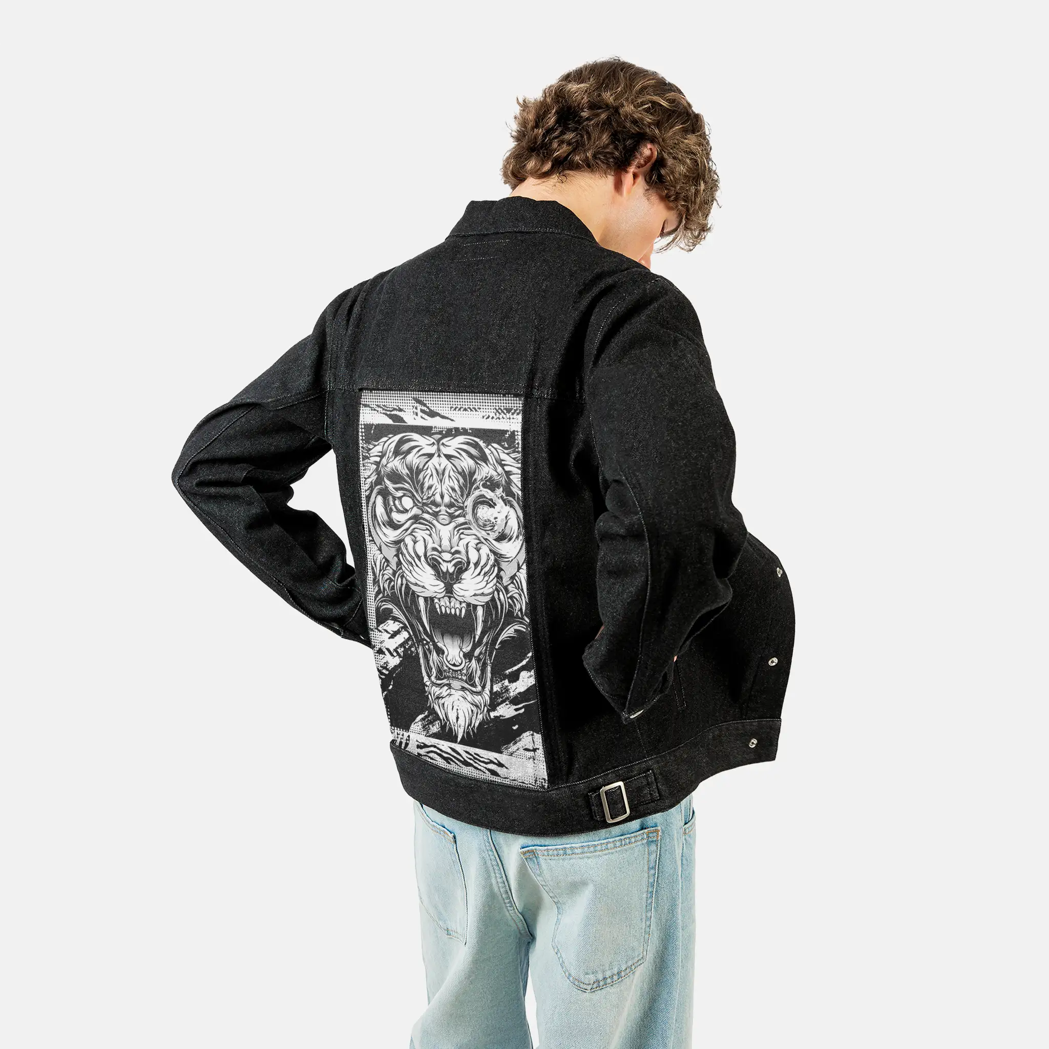 monochromebeast patch on male og denim jacket in raven