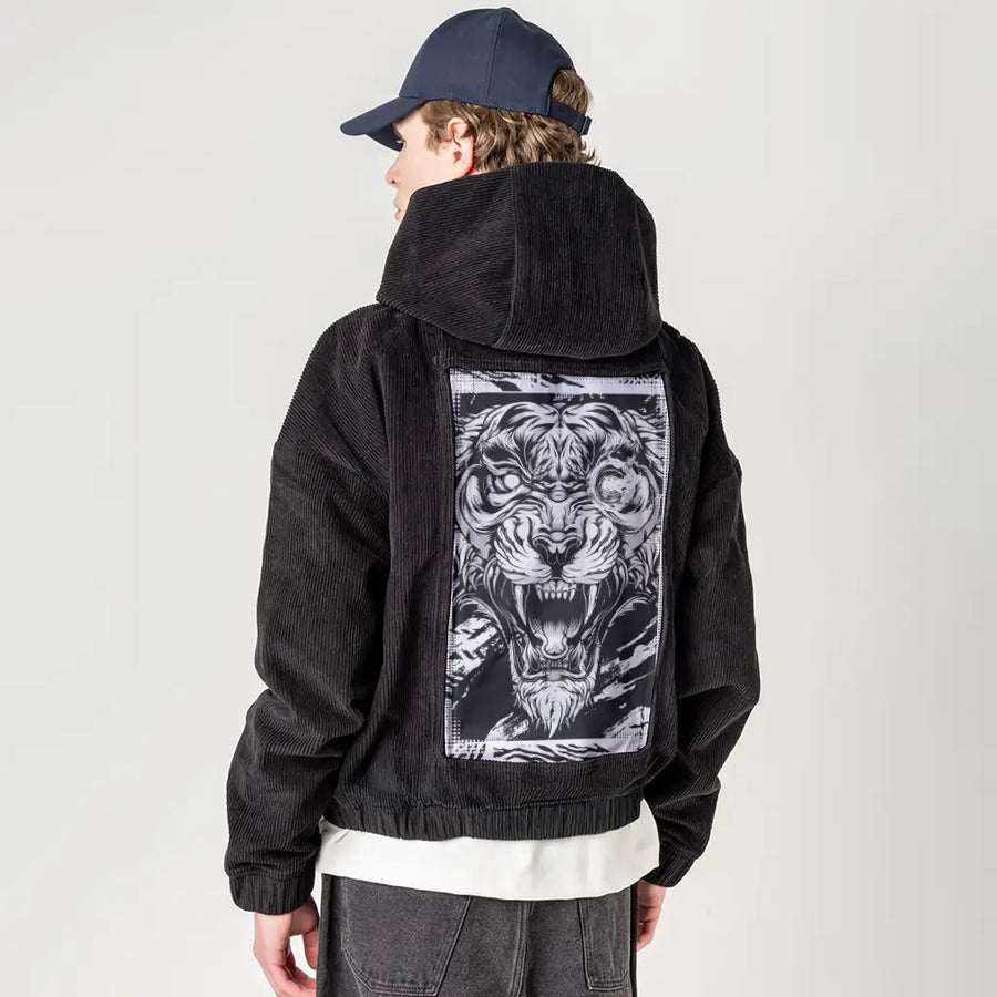 monochromebeast patch on male retro cord hoodie in onyx
