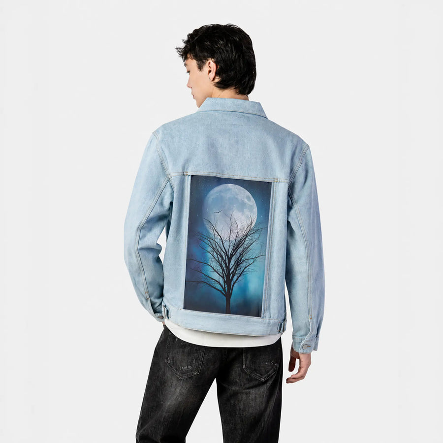 moonandtree patch on male og denim jacket in oceanside