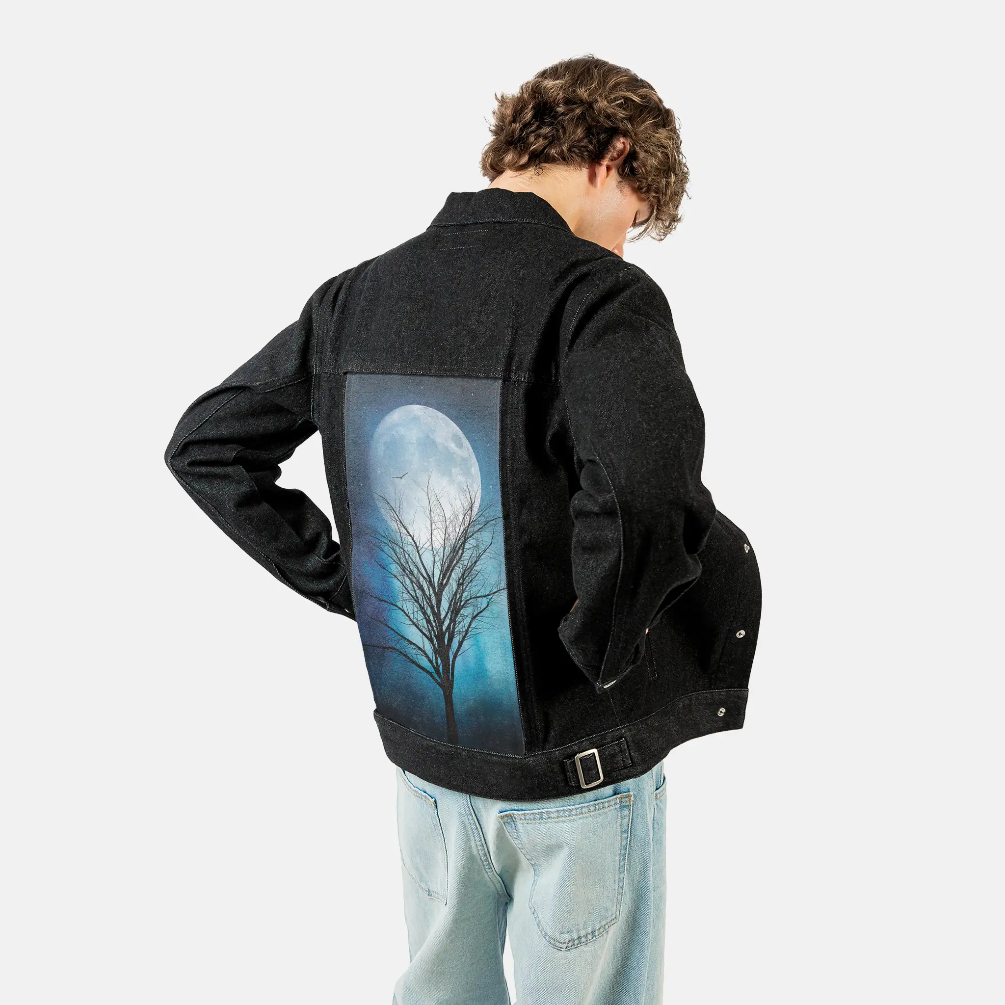 moonandtree patch on male og denim jacket in raven
