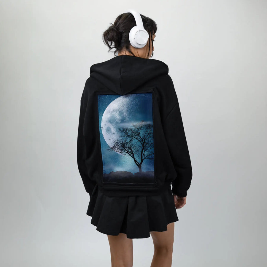 moonblues patch on female essential zip hoodie in after hours