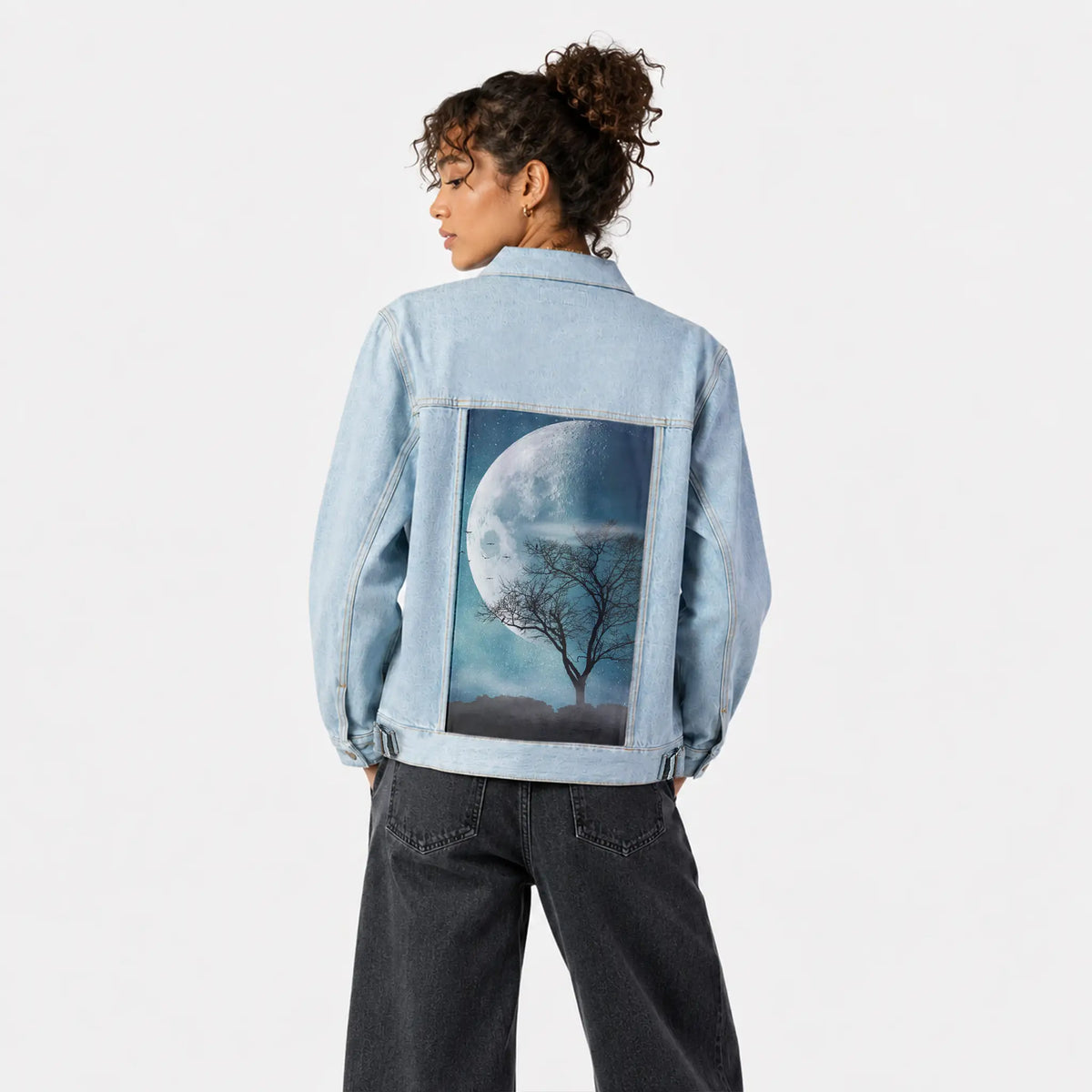moonblues patch on female og denim jacket in oceanside