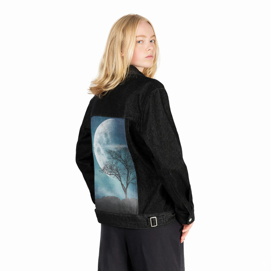 moonblues patch on female og denim jacket in raven