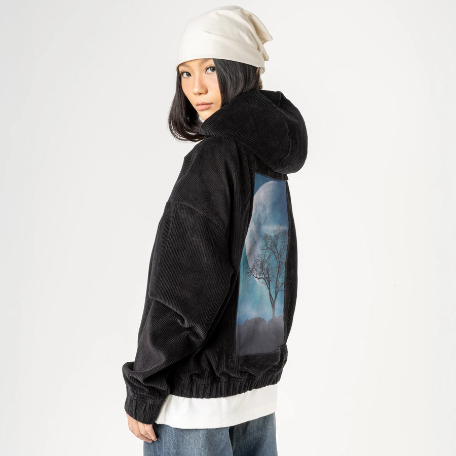 moonblues patch on female retro cord hoodie in onyx