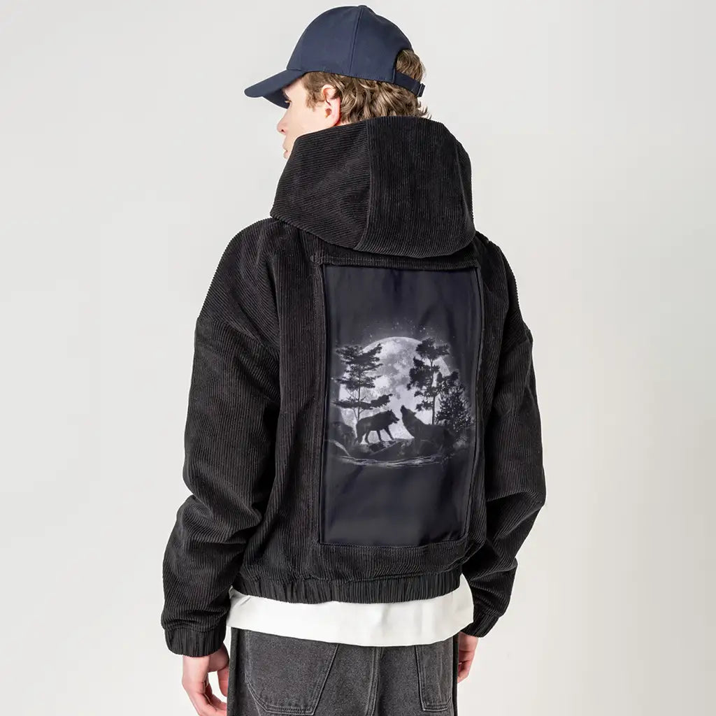 moonlightwolves patch on male retro cord hoodie in onyx