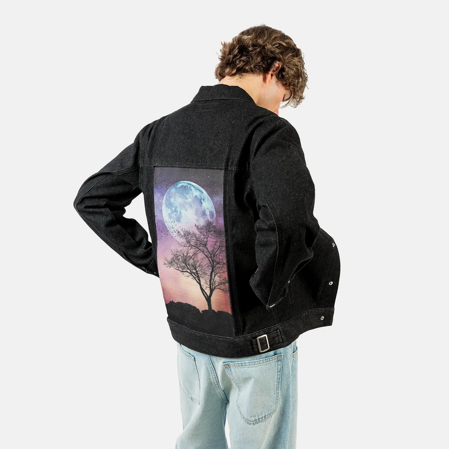 moontree patch on male og denim jacket in raven