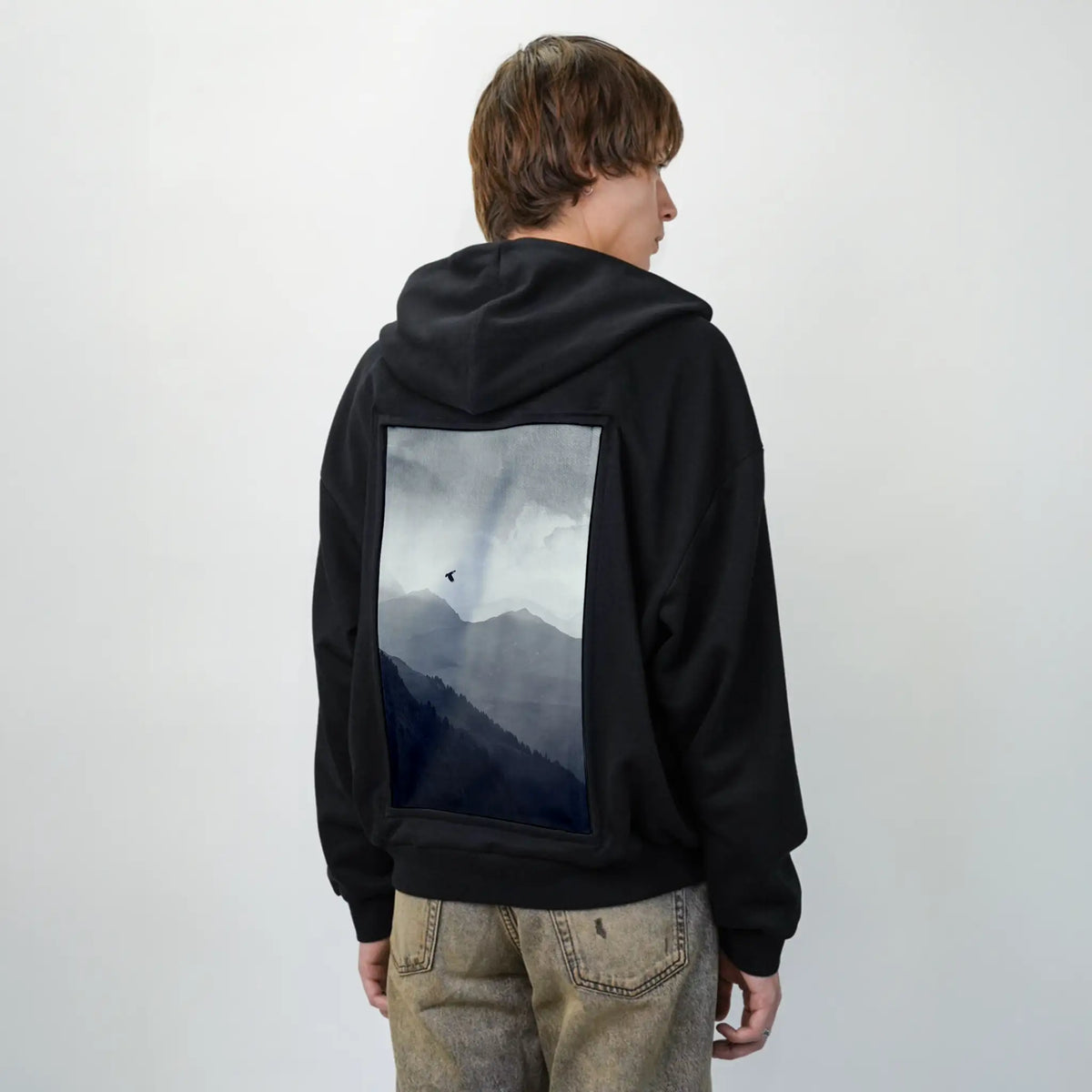 morningflight patch on male essential zip hoodie in after hours