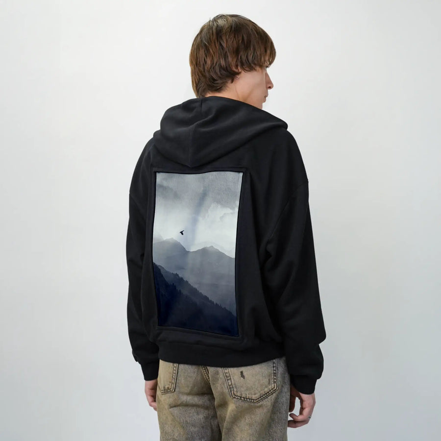 morningflight patch on male essential zip hoodie in after hours