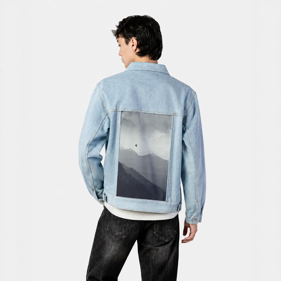 morningflight patch on male og denim jacket in oceanside