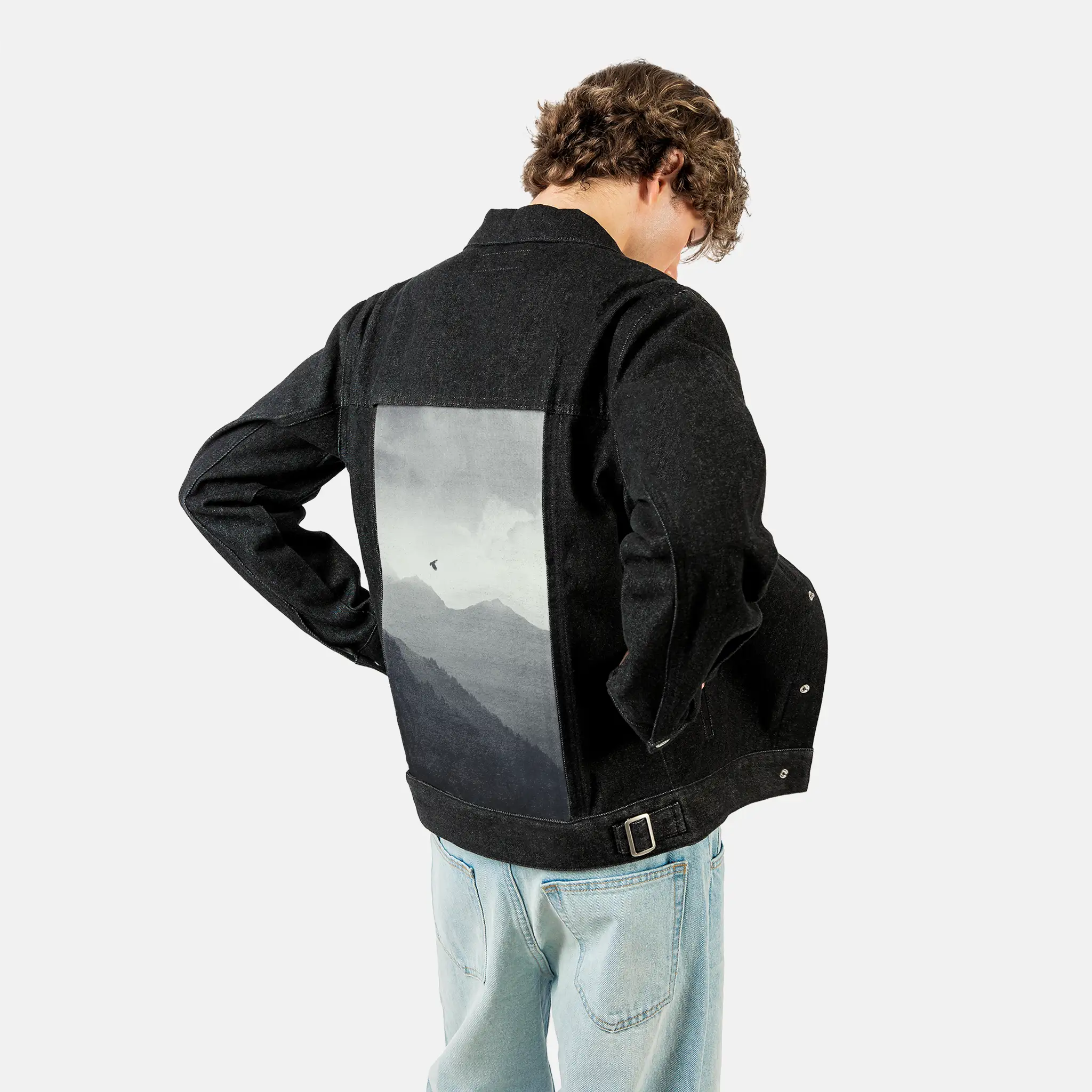morningflight patch on male og denim jacket in raven