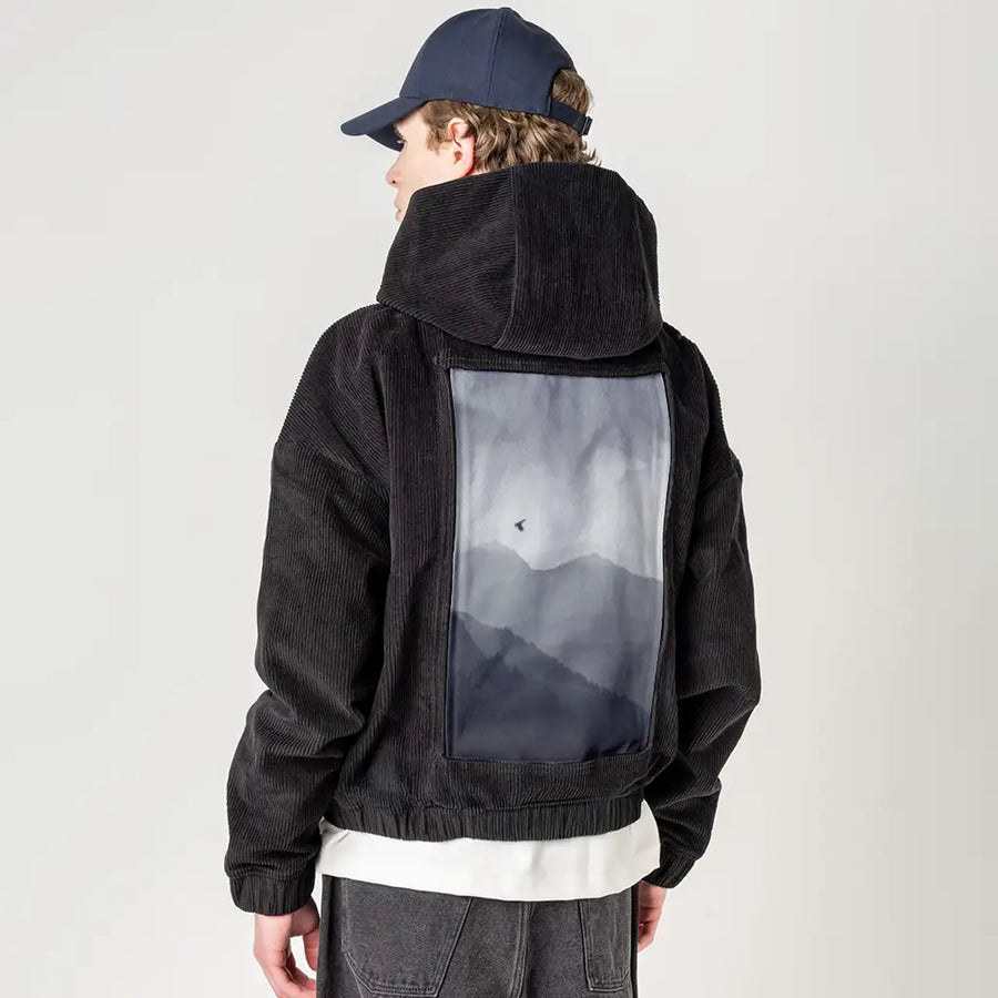 morningflight patch on male retro cord hoodie in onyx